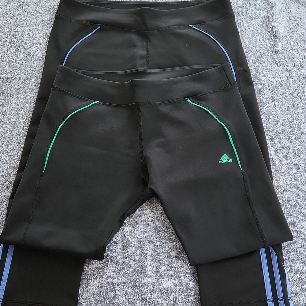 Adidas Black Leggings with Green Or Blue Accents. Large. Gently Worn. 2 For$10! - Picture 2 of 3